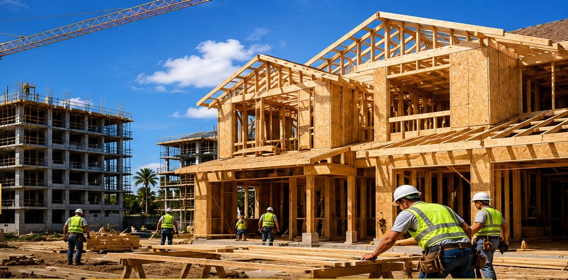 House and multifamily buildings under construction in Florida